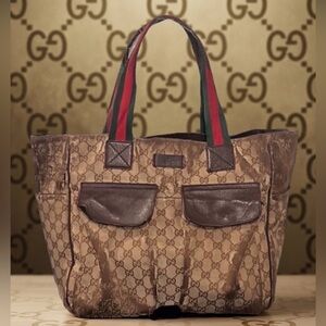 Authentic Gucci luxury designer signature Web GG canvas & leather tote bag purse